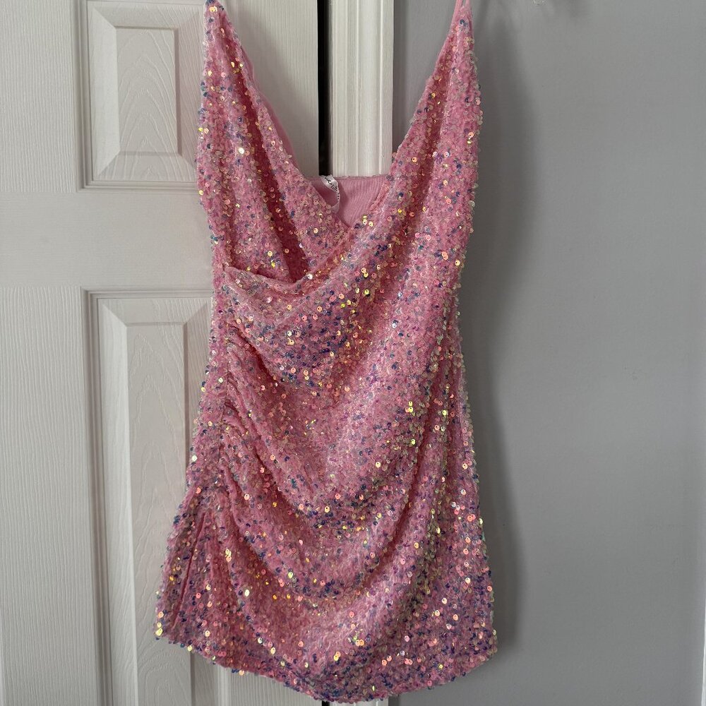 Lucy in the Sky Pink Sequin Mini Dress | Size L | Cowl Neck | Party Dress
